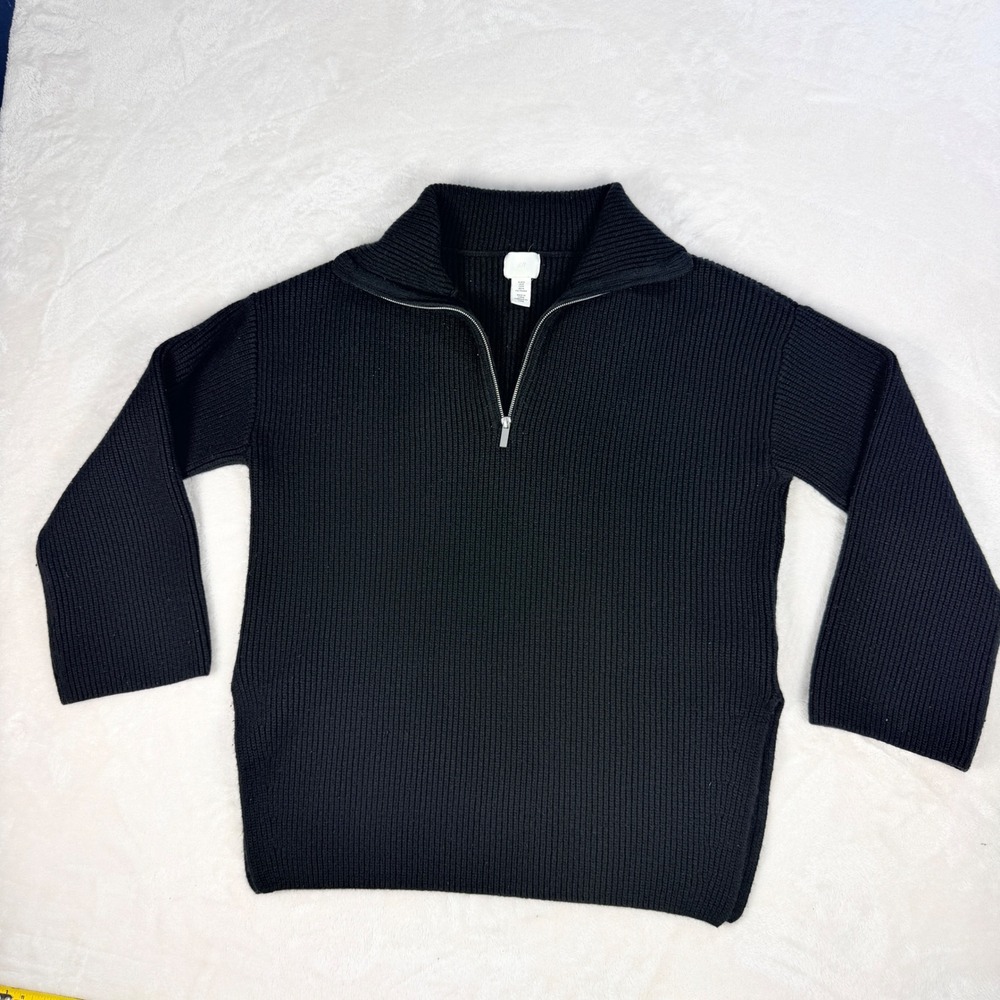 H&M Ribbed Quarter Zip Sweater Womens M Black Wool Blend Oversized Side Slit